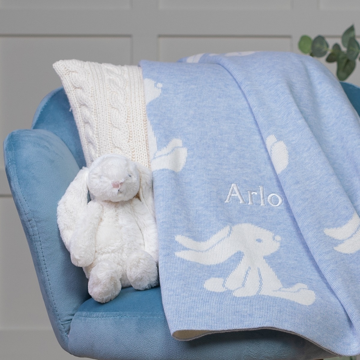 Personalised Jellycat blue bashful bunny and baby blanket gift set