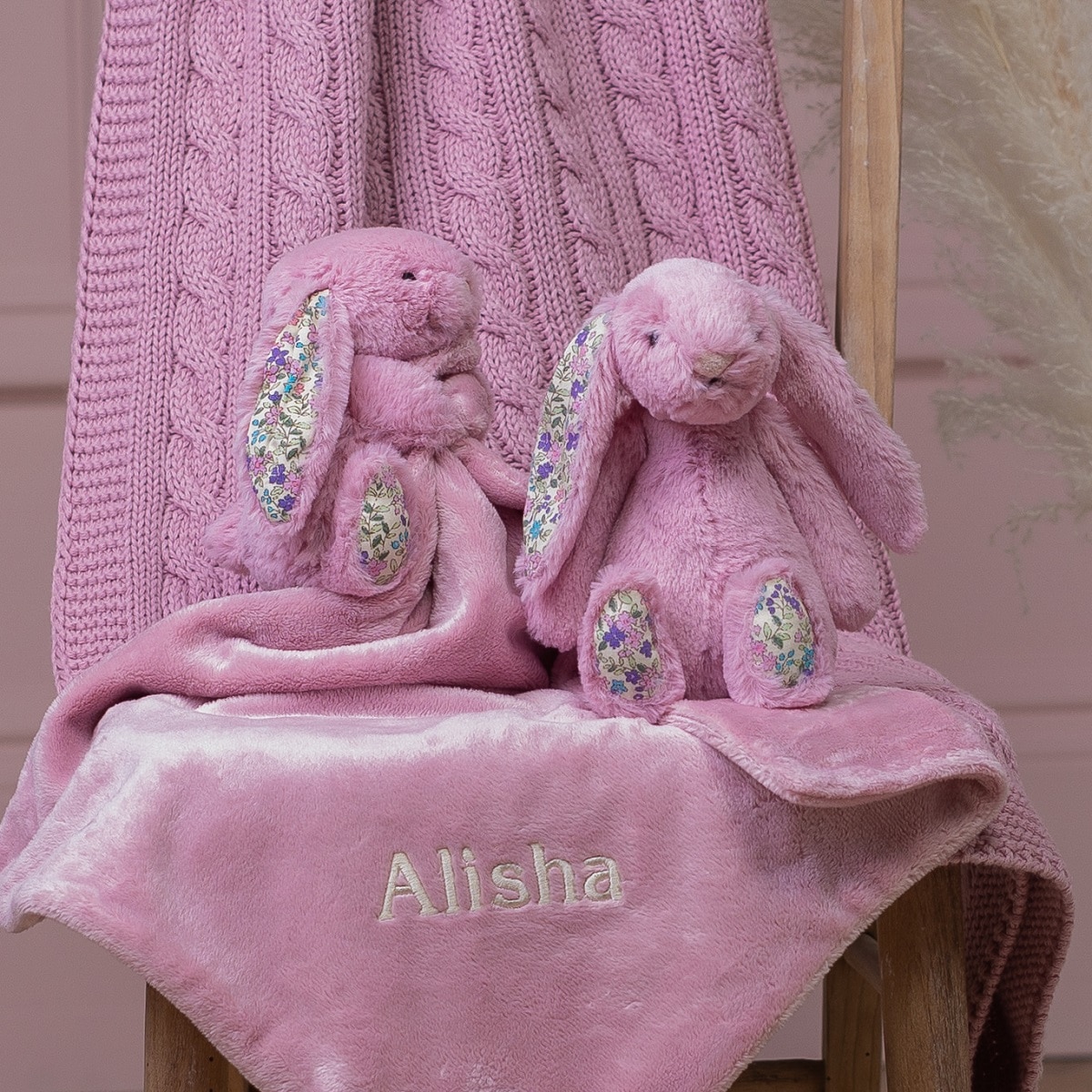 Personalised Jellycat tulip blossom bunny soother and soft toy gift set