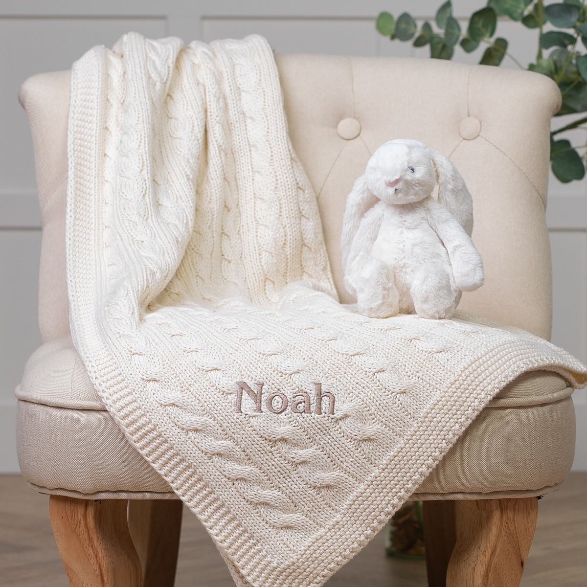 Toffee Moon personalised cream luxury cable baby blanket