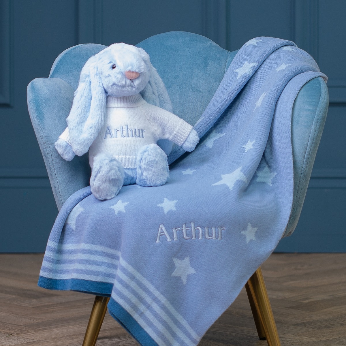Personalised Jellycat blue bashful bunny and ziggle star baby blanket gift set