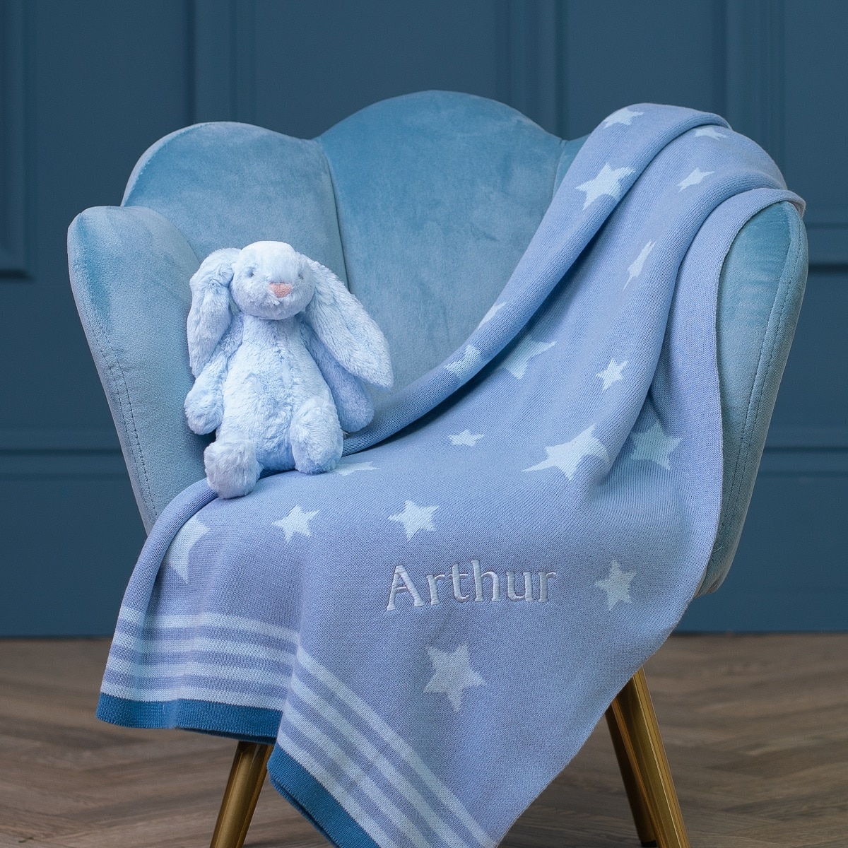 Ziggle personalised blue stars cotton knitted baby blanket