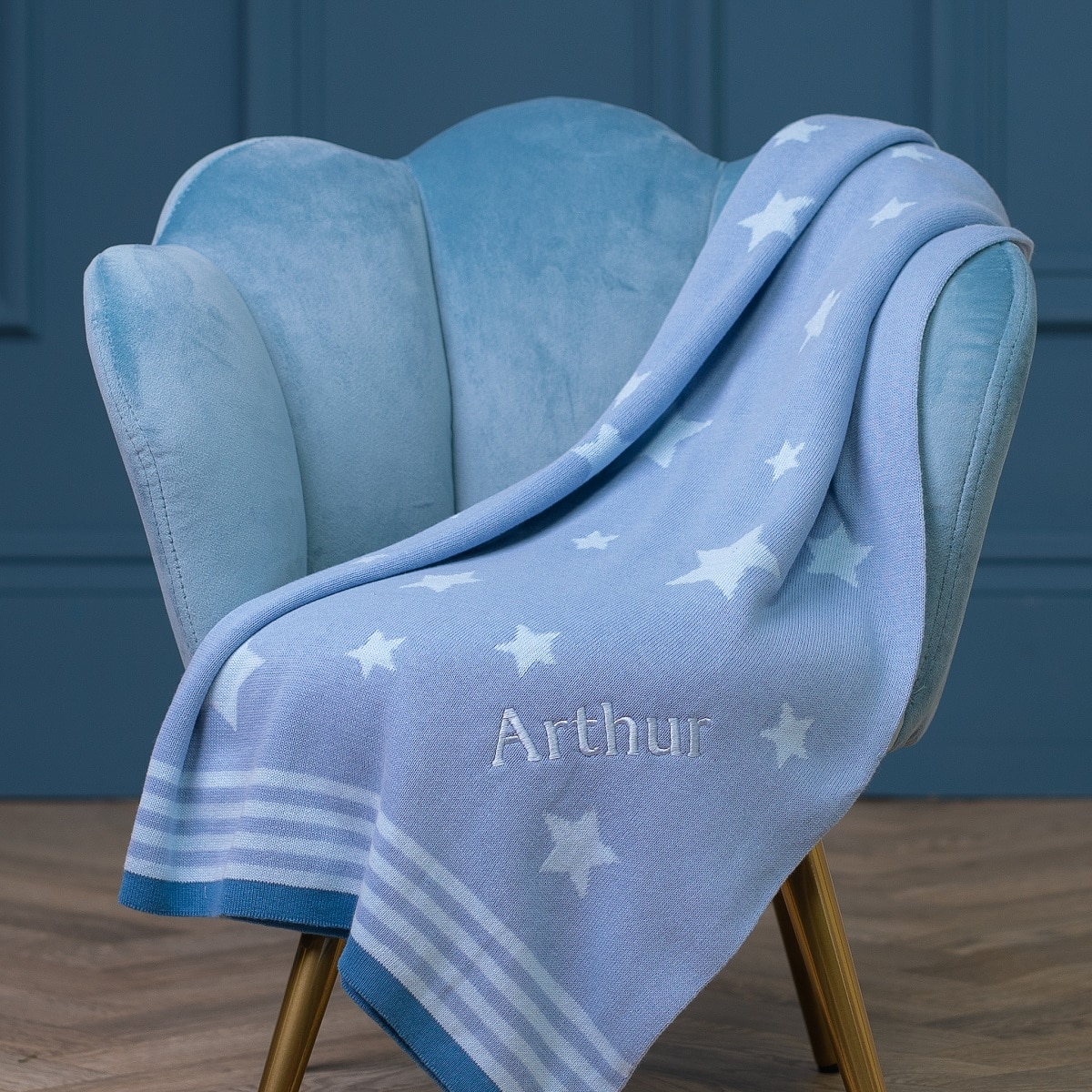 Ziggle personalised blue stars cotton knitted baby blanket
