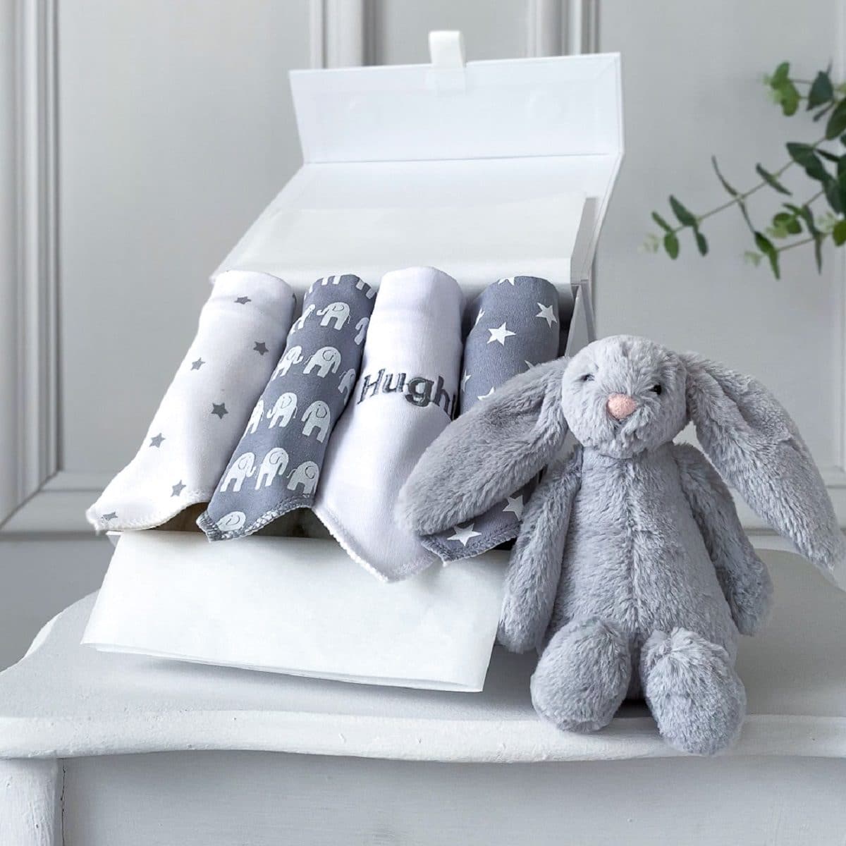 Ziggle personalised 4 pack grey elephant and starfish baby bandana bibs