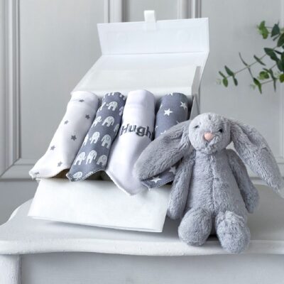 Ziggle personalised 4 pack grey elephant and starfish baby bandana bibs Personalised Baby Gift Offers and Sale