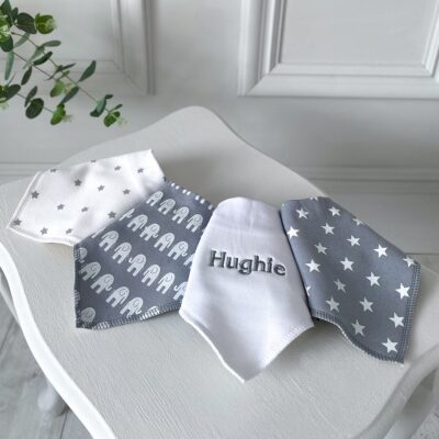 Ziggle personalised 4 pack grey elephant and starfish baby bandana bibs Personalised Baby Gift Offers and Sale 2