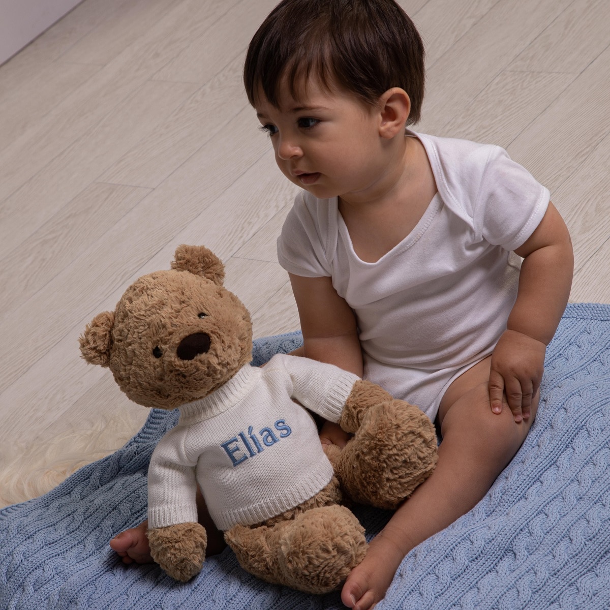 personalised teddy bear with baby and blanket