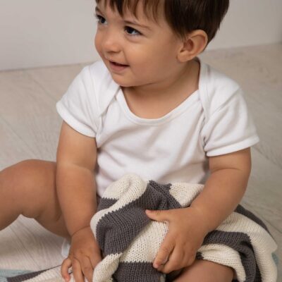 Toffee Moon personalised charcoal, cream and aqua stripe knitted baby blanket 2