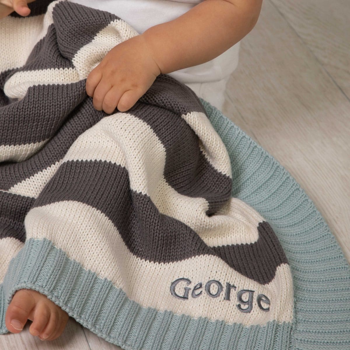 Toffee Moon personalised charcoal, cream and aqua stripe knitted baby blanket Birthday Gifts 2