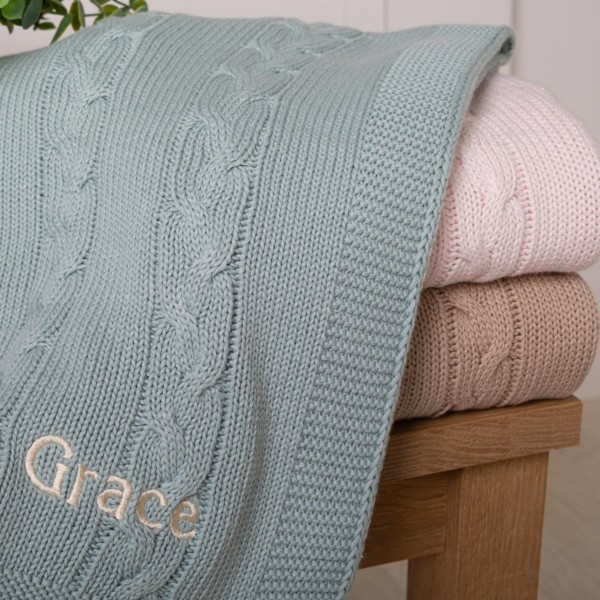 Toffee Moon personalised aqua, pink or cashmere chunky cable baby blanket