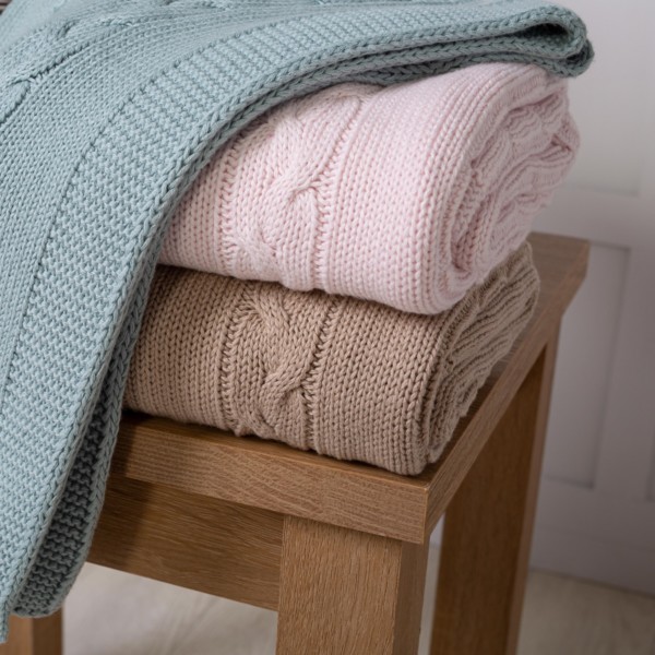 Toffee Moon personalised aqua, pink or cashmere chunky cable baby blanket