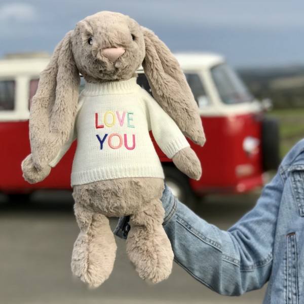 Jellycat large bashful bunny soft toy with ‘Love You’ jumper