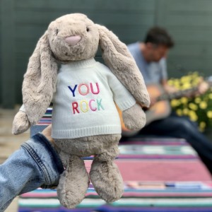Jellycat large bashful bunny soft toy with ‘You Rock’ jumper