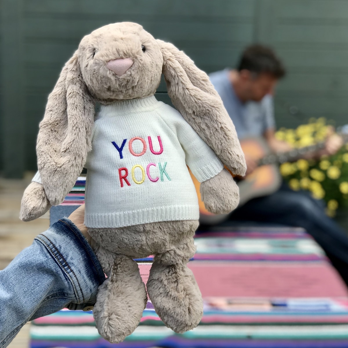 Jellycat large bashful bunny soft toy with 'You Rock' jumper