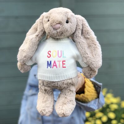 Jellycat bashful bunny soft toy with ‘Soul Mate’ jumper 2