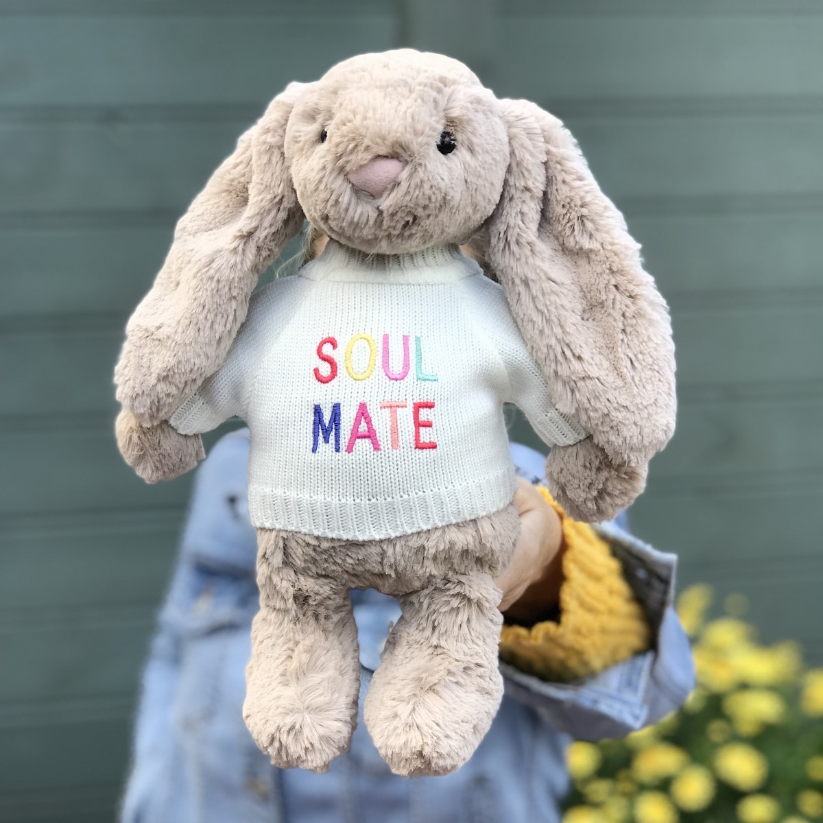 Jellycat bashful bunny soft toy with 'Soul Mate' jumper