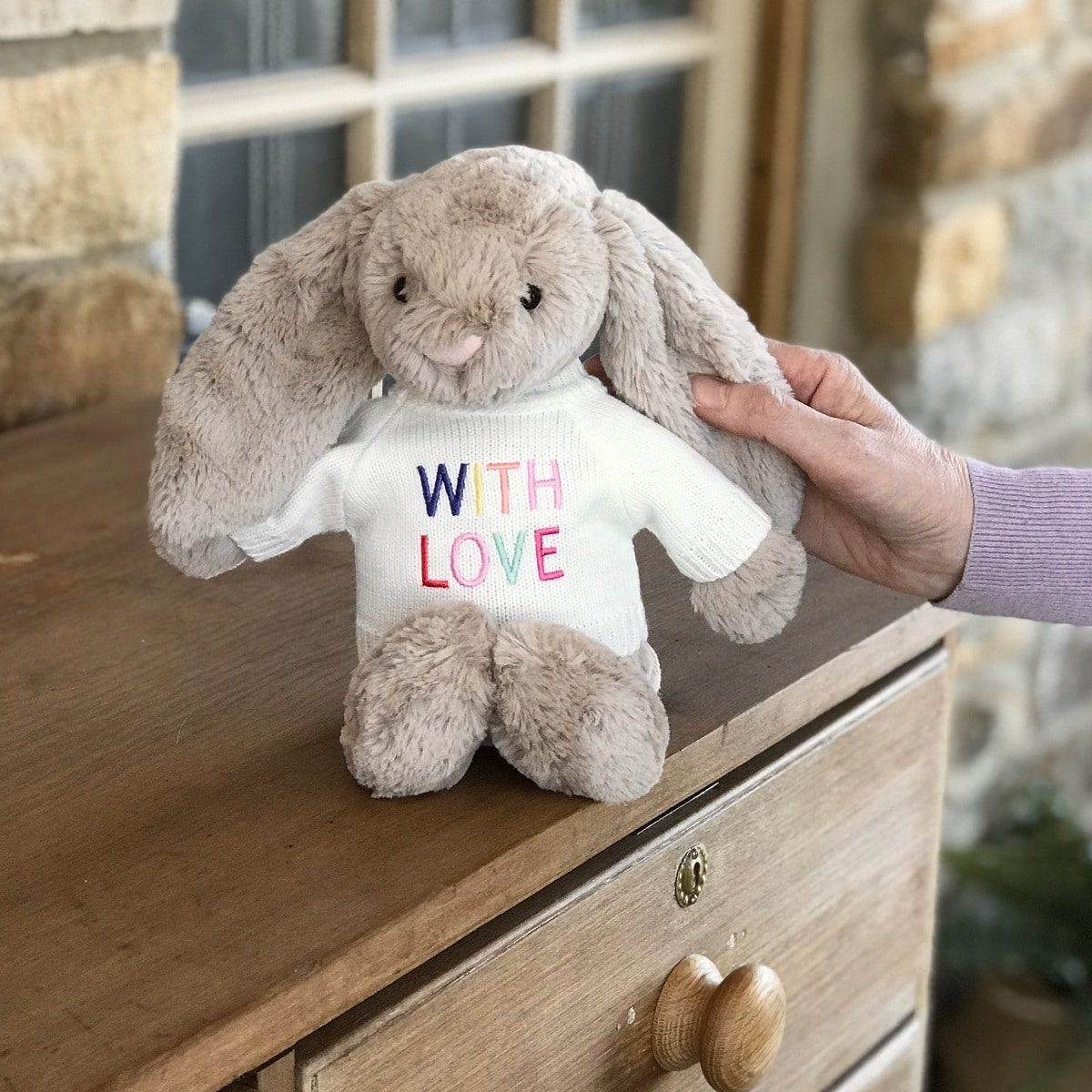 Jellycat bashful bunny soft toy with 'With Love' jumper