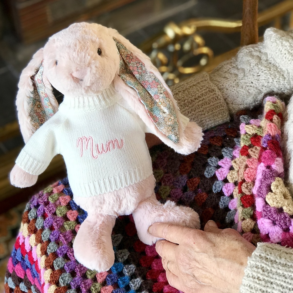Jellycat blossom bunny soft toy with 'Nana', 'Gran', 'Mam, or 'Mum' jumper