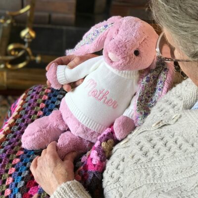 Jellycat blossom bunny soft toy with ‘Nana’, ‘Gran’, ‘Mam, or ‘Mum’ jumper 2