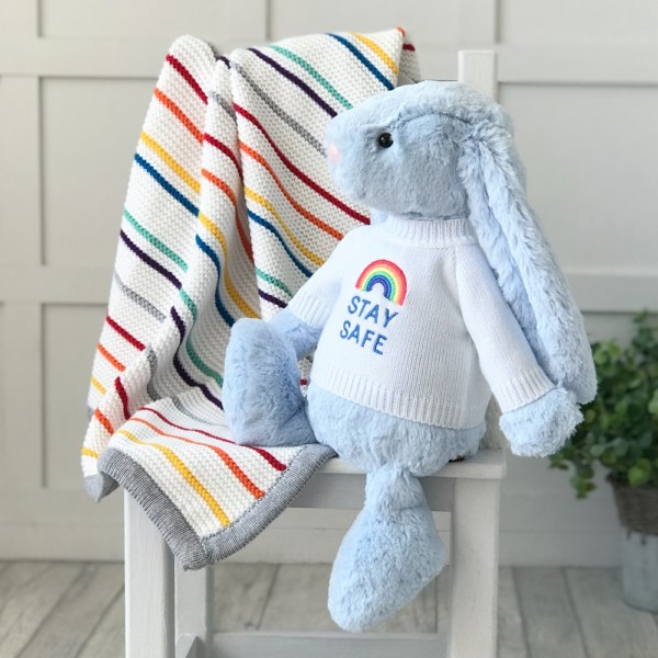 Jellycat large bashful bunny soft toy with ‘Stay Safe’ jumper in Pale Blue