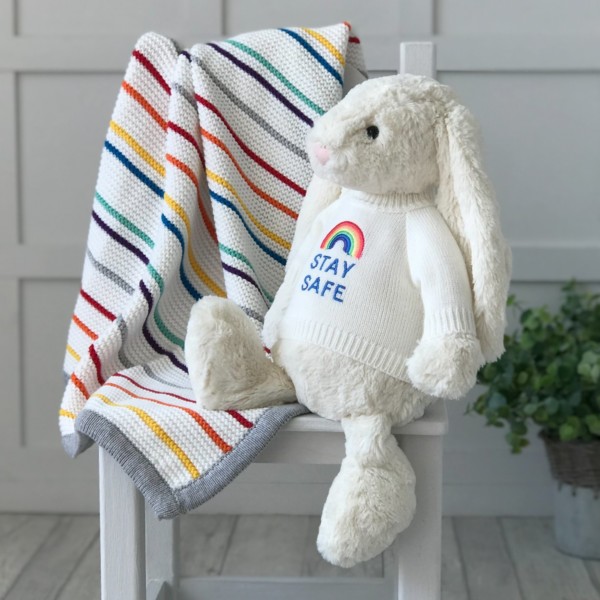 Jellycat large bashful bunny soft toy with ‘Stay Safe’ jumper in Cream