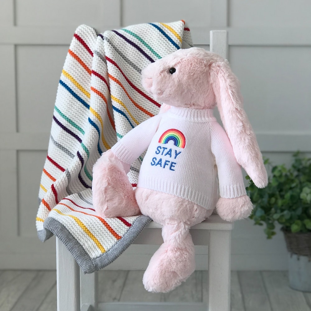 Jellycat large bashful bunny soft toy with ‘Stay Safe’ jumper in Pale Pink