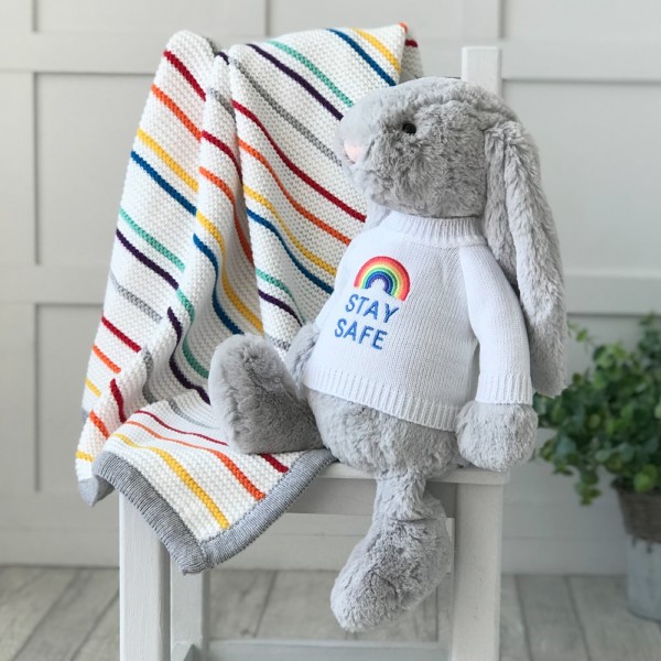Jellycat large bashful bunny soft toy with ‘Stay Safe’ jumper in Silver