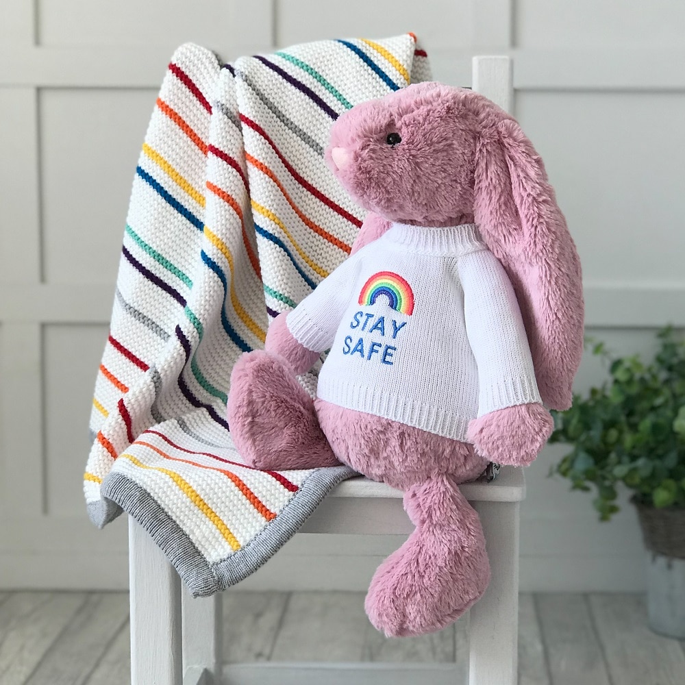 Jellycat large bashful bunny soft toy with ‘Stay Safe’ jumper in Tulip