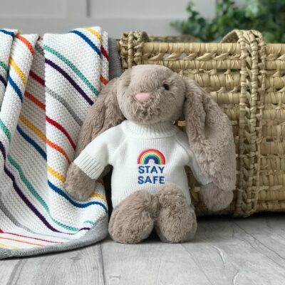 Jellycat medium bashful bunny soft toy with ‘Stay Safe’ rainbow jumper