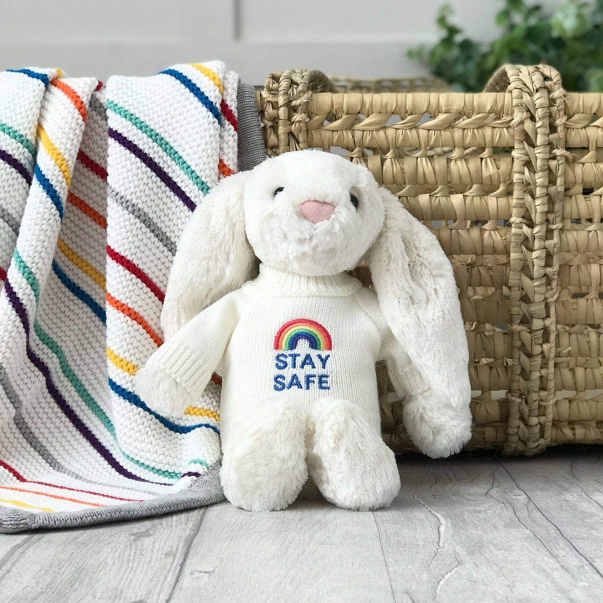 Jellycat medium bashful bunny soft toy with ‘Stay Safe’ jumper in Cream