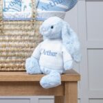 Personalised white and blue baby gift basket with blue bunny soft toy Baby Shower Gifts 5