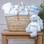 Personalised white and blue baby gift basket with blue bunny soft toy Baby Shower Gifts 3