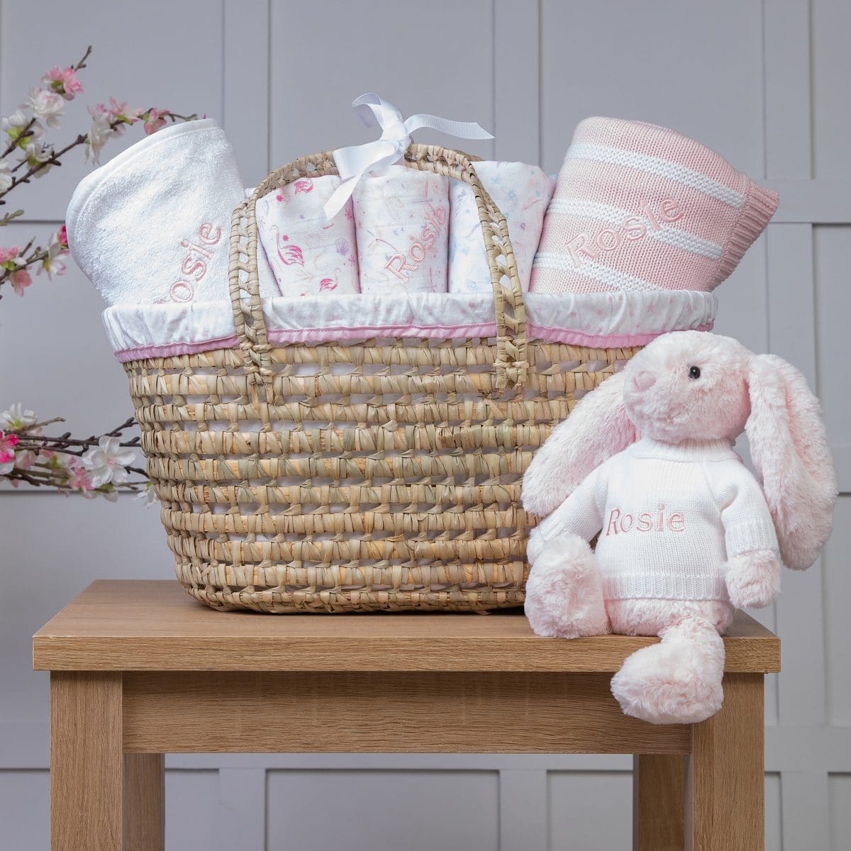 Personalised white and pink baby gift basket with pink bunny soft toy Baby Gift Sets 2