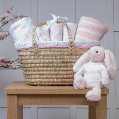 Personalised white and pink baby gift basket with pink bunny soft toy 2