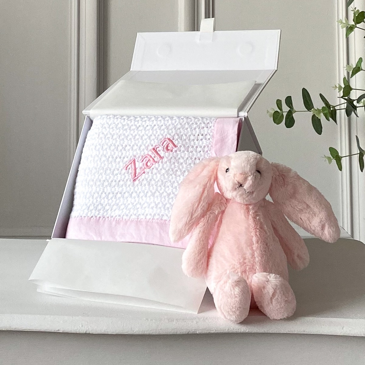 Ziggle personalised white cellular baby blanket with pink trim That's