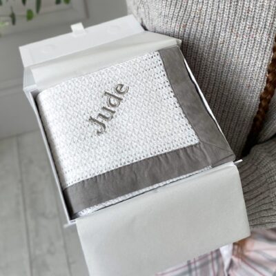 Ziggle personalised white cellular baby blanket with grey trim Personalised Baby Blankets 2