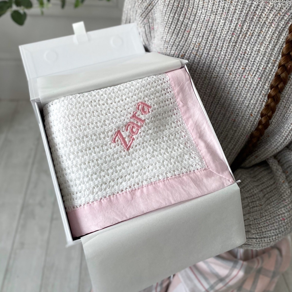 Ziggle personalised white cellular baby blanket with pink trim