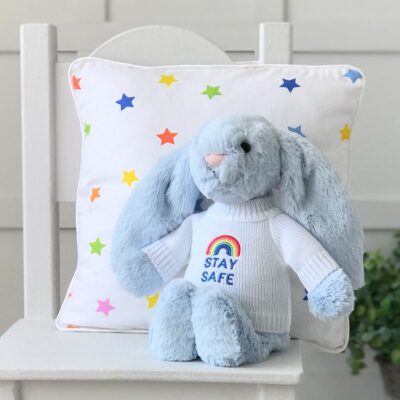 Jellycat medium bashful bunny soft toy with ‘Stay Safe’ jumper