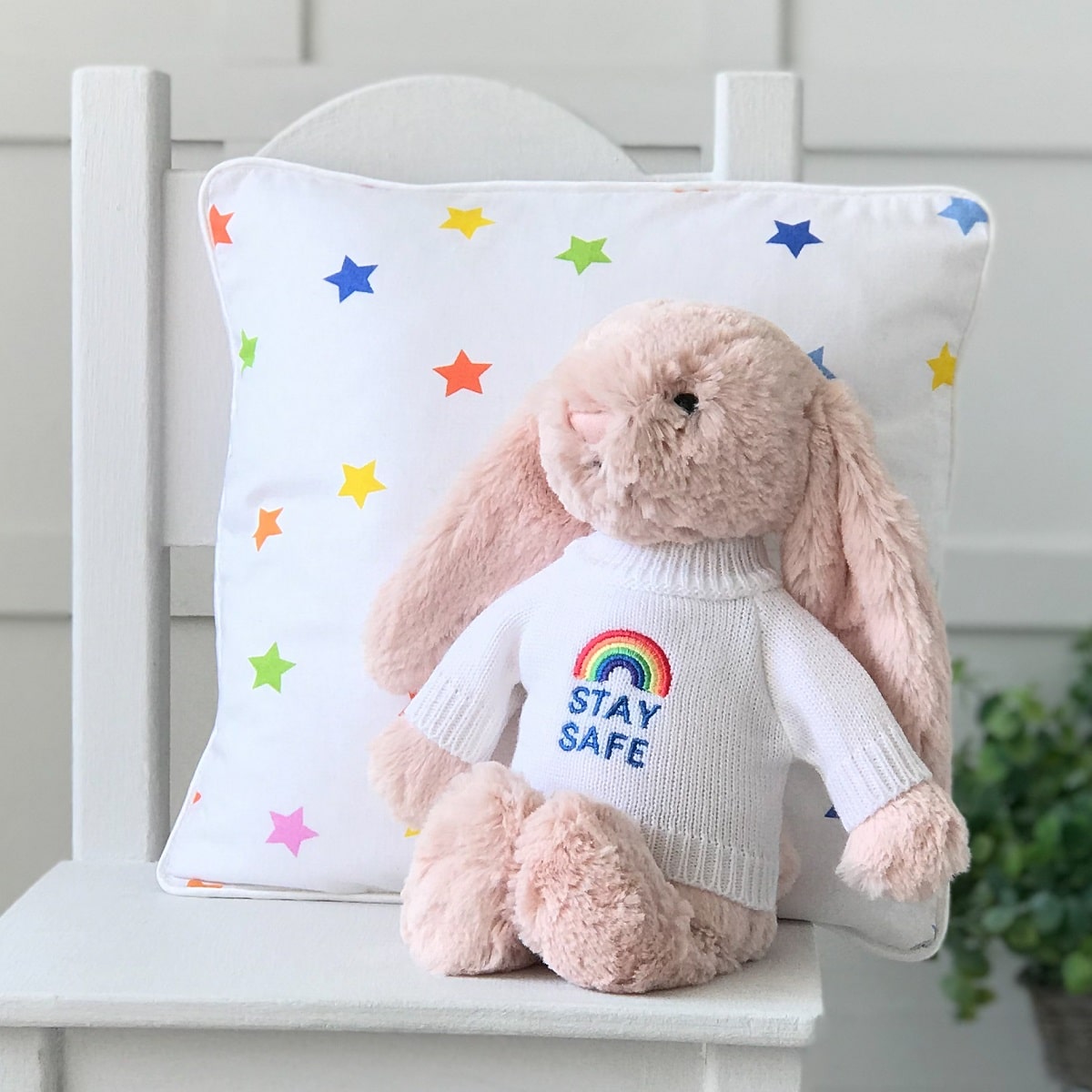 Jellycat medium bashful bunny soft toy with ‘Stay Safe’ jumper in Blush Pink