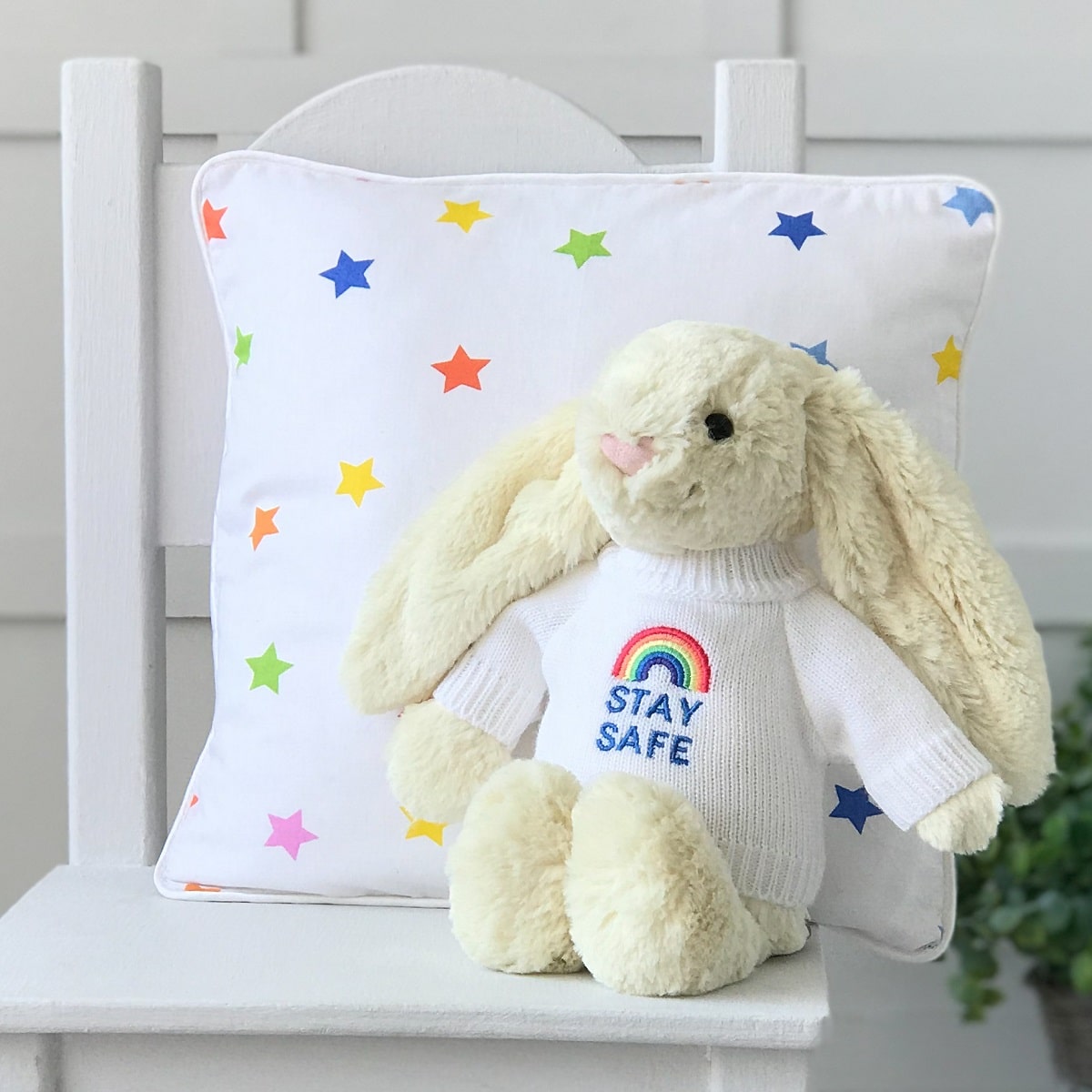 Jellycat medium bashful bunny soft toy with ‘Stay Safe’ jumper in Buttermilk