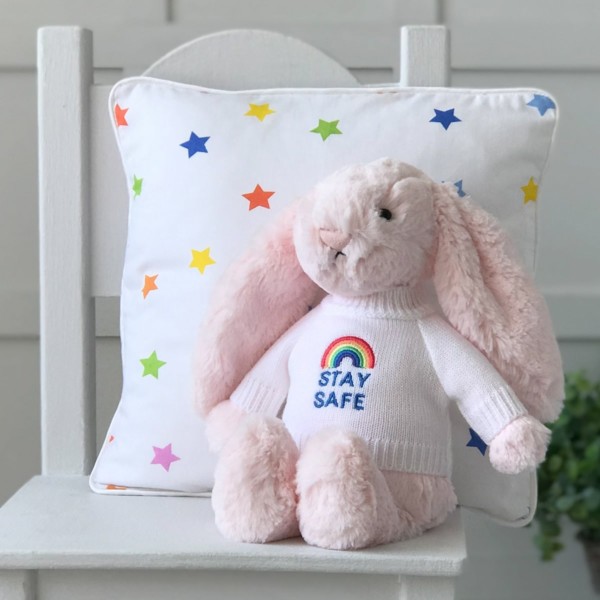 Jellycat medium bashful bunny soft toy with ‘Stay Safe’ jumper in Pale Pink