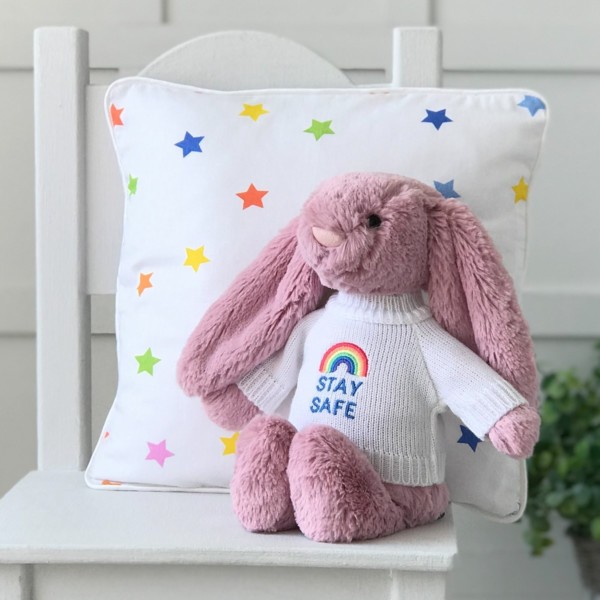 Jellycat medium bashful bunny soft toy with ‘Stay Safe’ jumper in Tulip