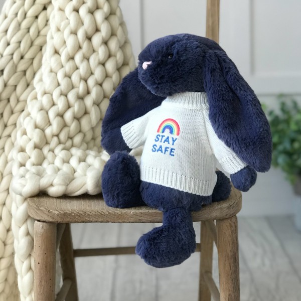 Jellycat medium bashful bunny soft toy with ‘Stay Safe’ jumper in Navy Blue