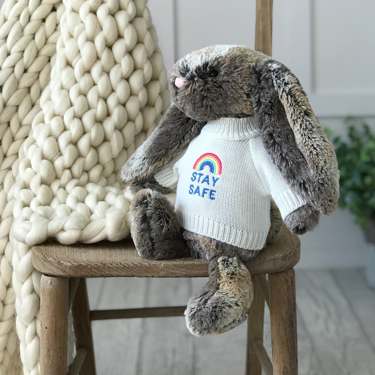 Jellycat medium bashful bunny soft toy with ‘Stay Safe’ jumper in Cottontail