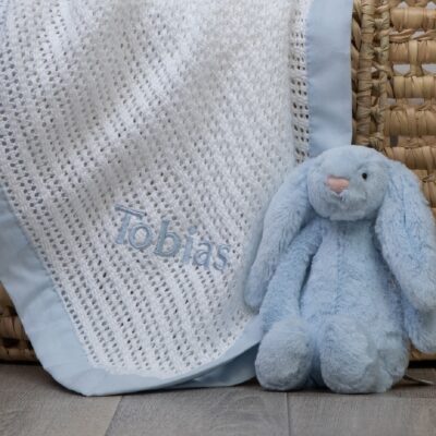 Ziggle personalised white cellular baby blanket with blue trim Personalised Baby Blankets