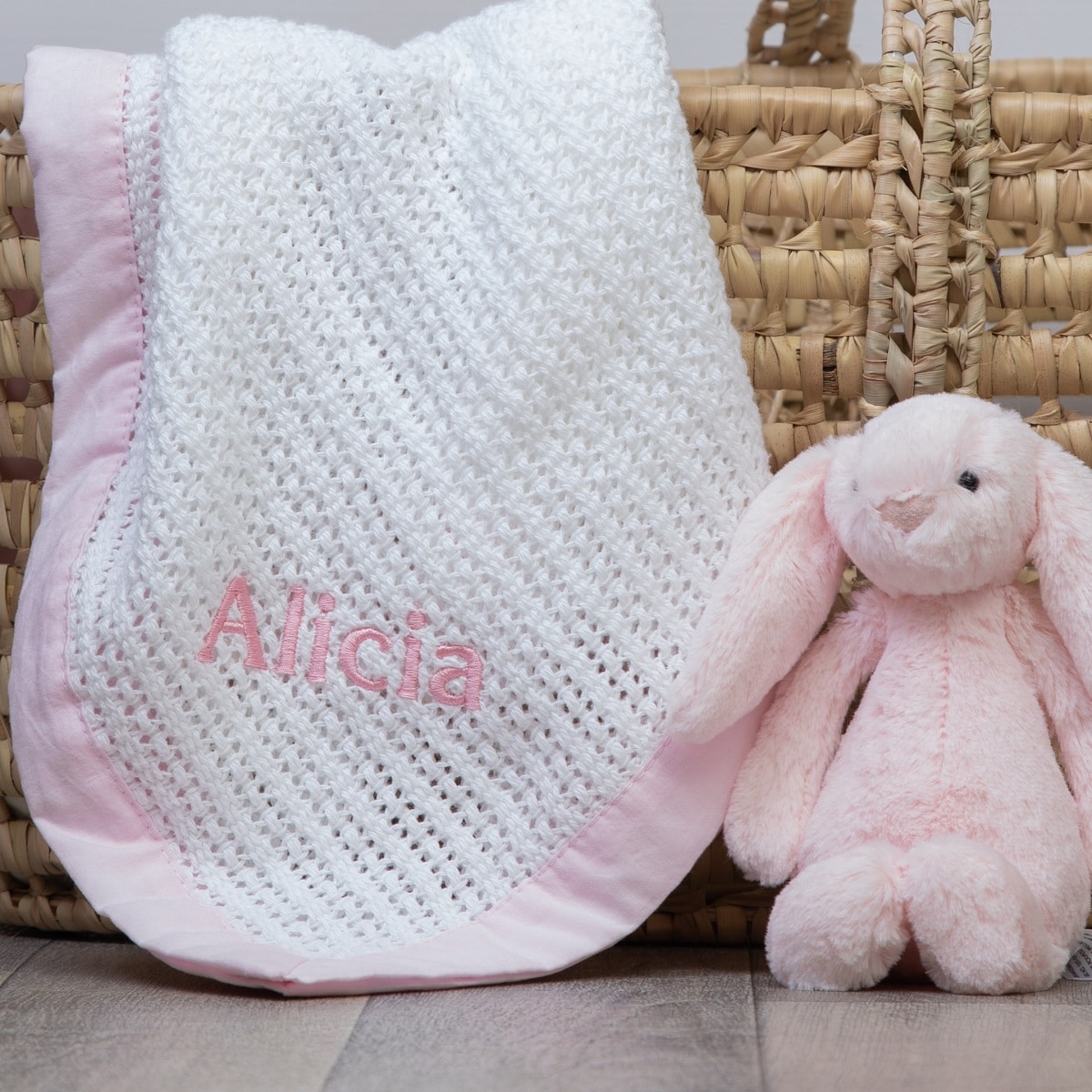 Ziggle personalised white cellular baby blanket with pink trim