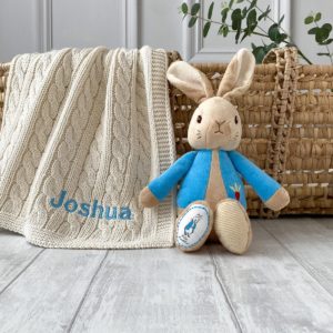 Toffee Moon personalised luxury cable baby blanket and Peter Rabbit soft toy