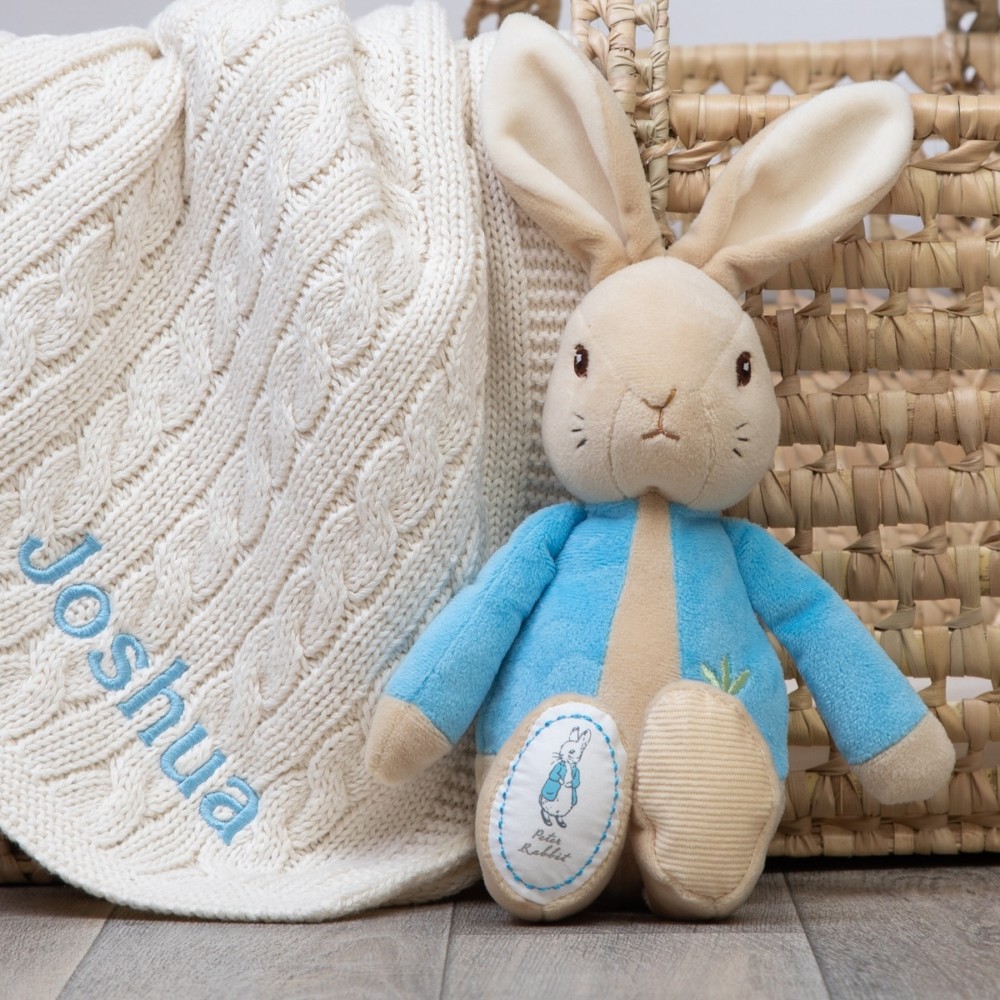 Toffee Moon personalised luxury cable baby blanket and Peter Rabbit soft toy