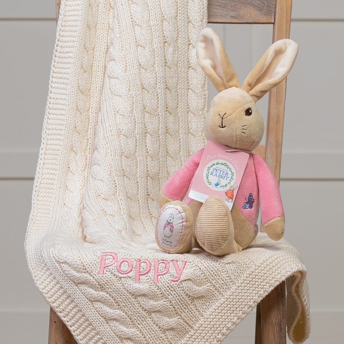 Toffee Moon personalised luxury cable baby blanket and Flopsy Bunny soft toy Baby Gift Sets 2