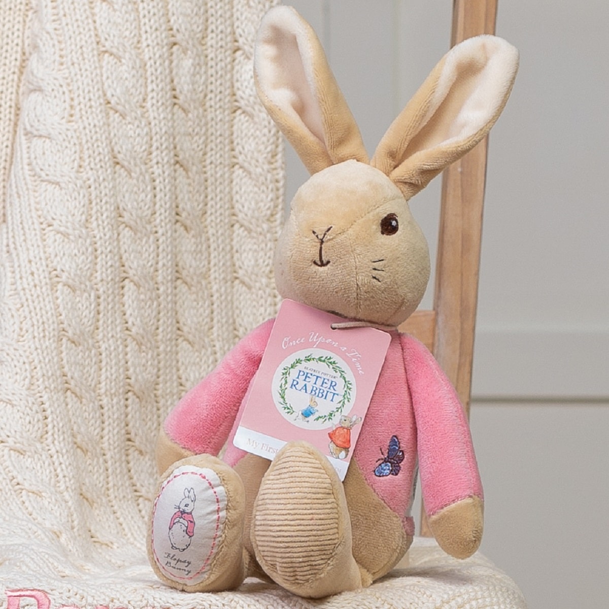 Toffee Moon personalised luxury cable baby blanket and Flopsy Bunny soft toy