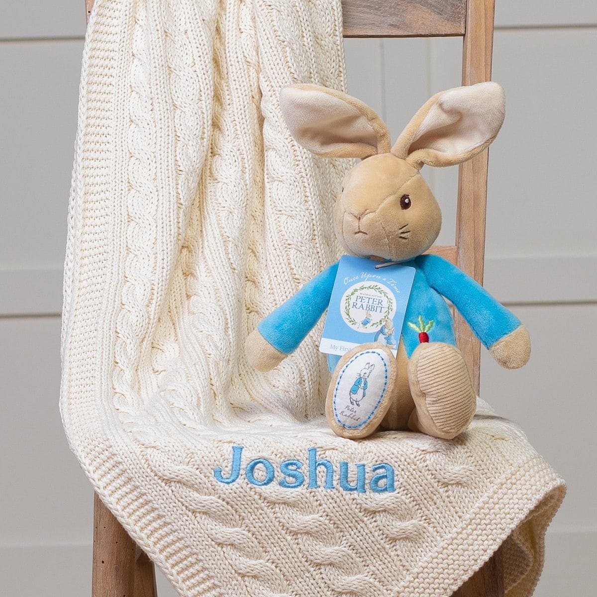 Toffee Moon personalised luxury cable baby blanket and Peter Rabbit soft toy Baby Gift Sets 2